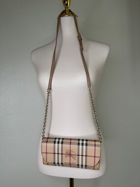 Burberry Authentic Tan Nova Check Crossbody Wallet with Chain Strap